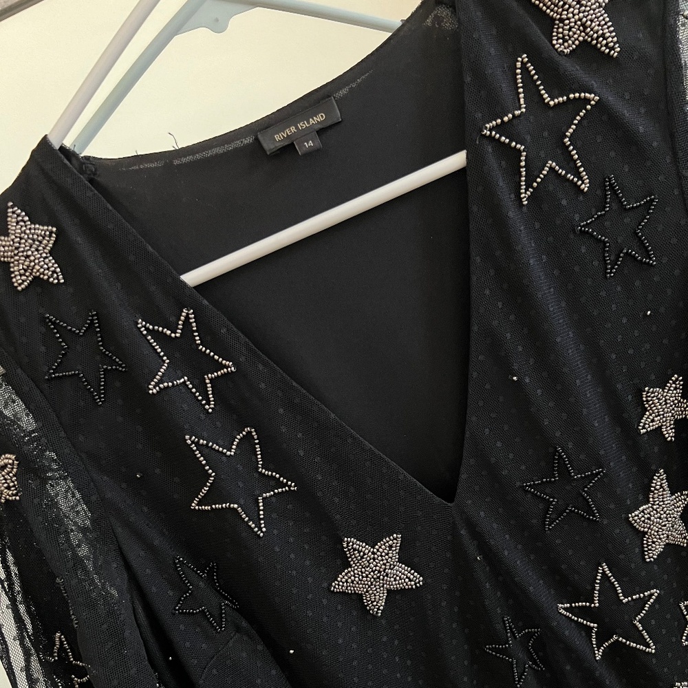 River Island black embellished star flutter sleeve women 14 dress